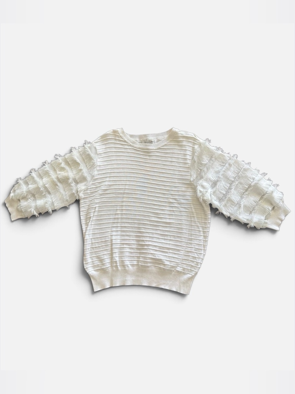 Women's White Fringe Sleeve Textured Knit Sweater